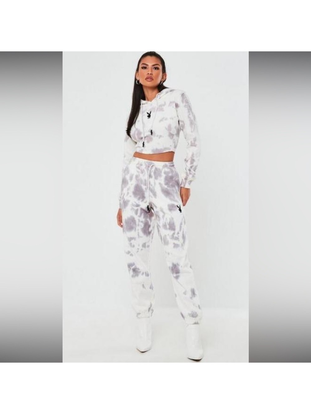 NWT Missguided Playboy tie dyed two piece white and purple sweat suit y2k